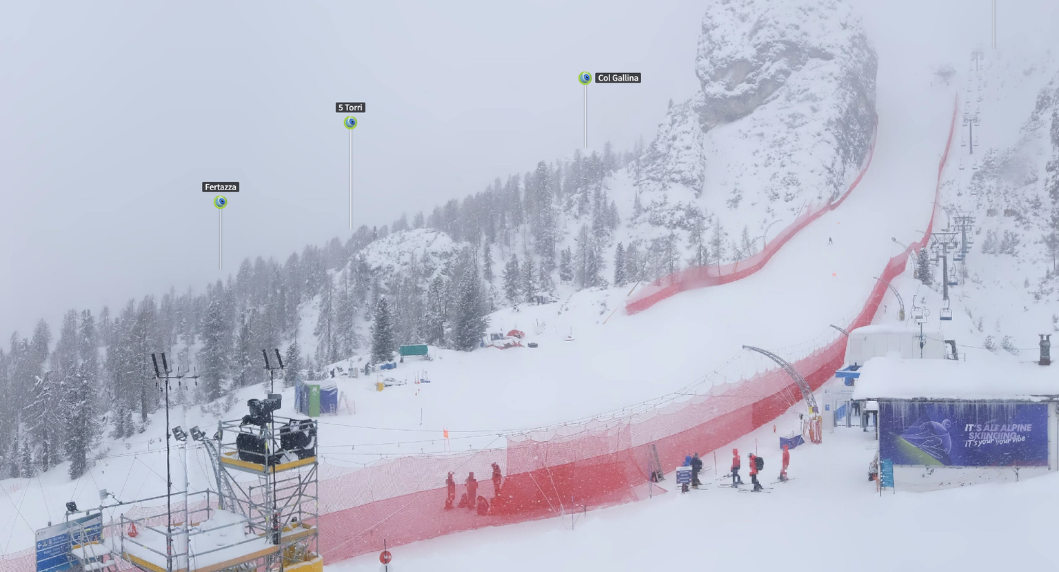 Olympia 2026: Schneefall beim Tofanaschuss in Cortina d'Ampezzo am 4. Februar 2026.