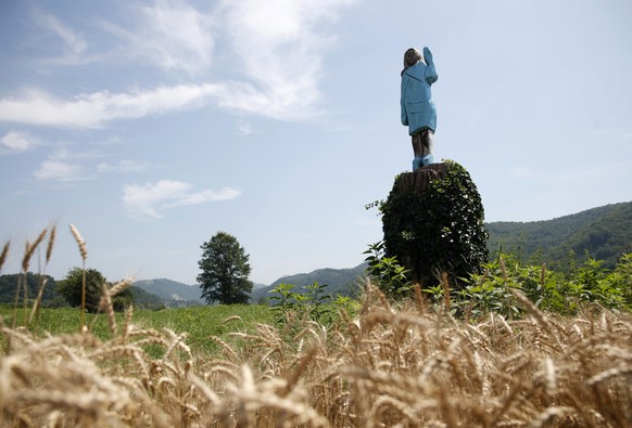 FILE - In this Friday, July 5, 2019 photo, a sculpture created by American artist Brad Downey depicting Melania Trump, wife of U.S. President Donald Trump, is seen in her hometown in Sevnica, Slovenia ...