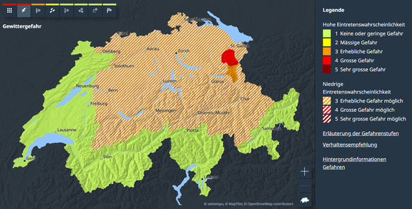 In den schraffierten Bereichen ist gemäss Meteoschweiz erhebliche Gefahr durch Gewitter möglich.