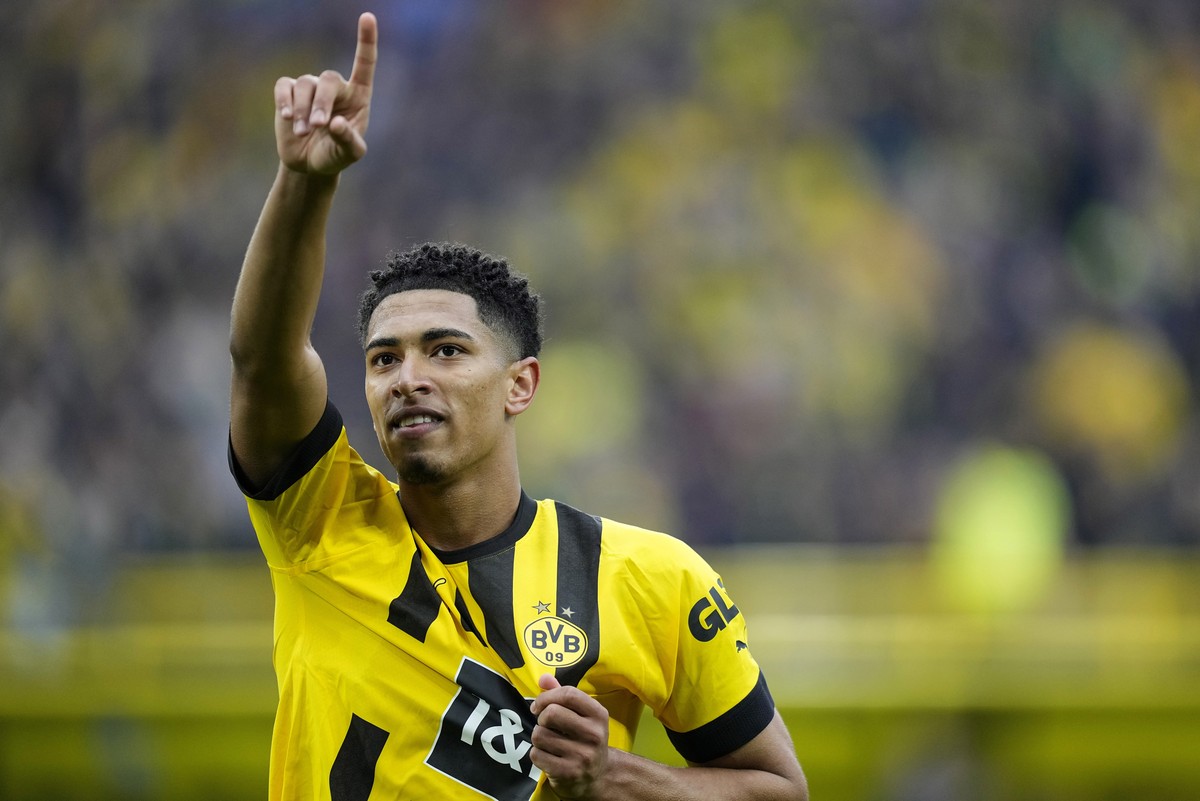 FILE - Dortmund's Jude Bellingham celebrates after scoring during the German Bundesliga soccer match between Borussia Dortmund and Eintracht Frankfurt in Dortmund, Germany, Saturday, April 22, 20 ...