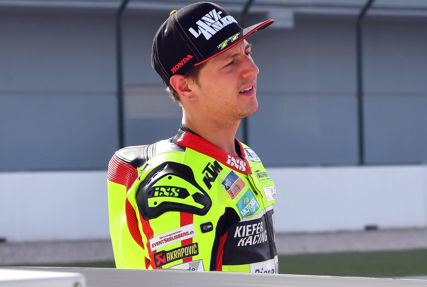 epa06606023 Swiss Moto2 rider Dominique Aegerter of the Kiefer Racing team attends a photo session of the Motorcycling Grand Prix of Qatar at the Losail International Circuit in Doha, Qatar, 15 March  ...