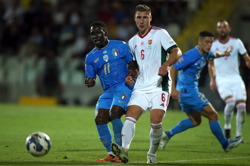 ROME, Italy - 07.06.2022: WILFRIED GNONTO ITALY, WILLI ORBAN HUN during the UEFA Nations League 2023 football match between Italy vs HUngary at Orogel Stadium-Dino Manuzzi in Cesena on 07 june 2022. P ...
