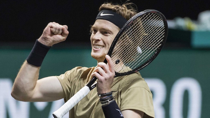 epa09059838 Andrey Rublev of Russia reacts after winning the final of the ABN AMRO World Tennis Tournament against Marton Fucsovics of Hungary in Rotterdam, Netherlands, 07 March 2021. EPA/Koen Suyk