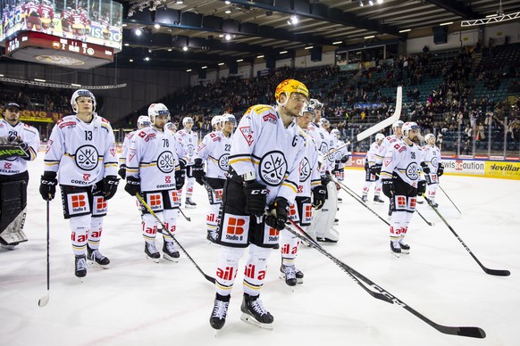 Lugano players celebrate their victory after defeating Geneve-Servette, during the regular season match in the Swiss National League between Geneva-Servette HC and HC Lugano,...
