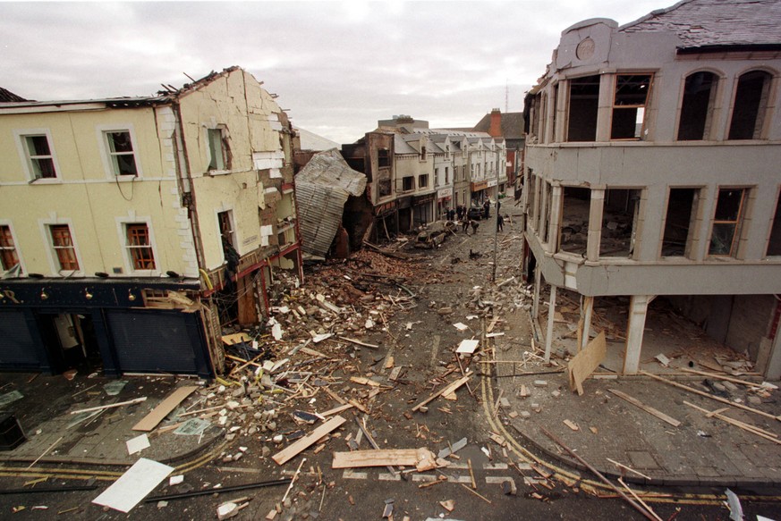 Edward Street in Portadown , Northern Ireland lies in ruins, Tuesday, February 24, 1998, after a massive car bomb exploded on Monday. The IRA have said they were not behind the bombing and that their  ...