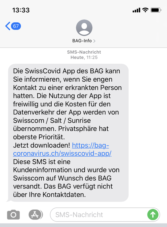 Er habe die Mitteilung auf seinem Handy erhalten und ein paar Sekunden gedacht, jetzt müsse er in Quarantäne, erzählt ein aufgeschreckter watson-Redaktor. Natürlich handelt es sich nur um eine Anregun ...