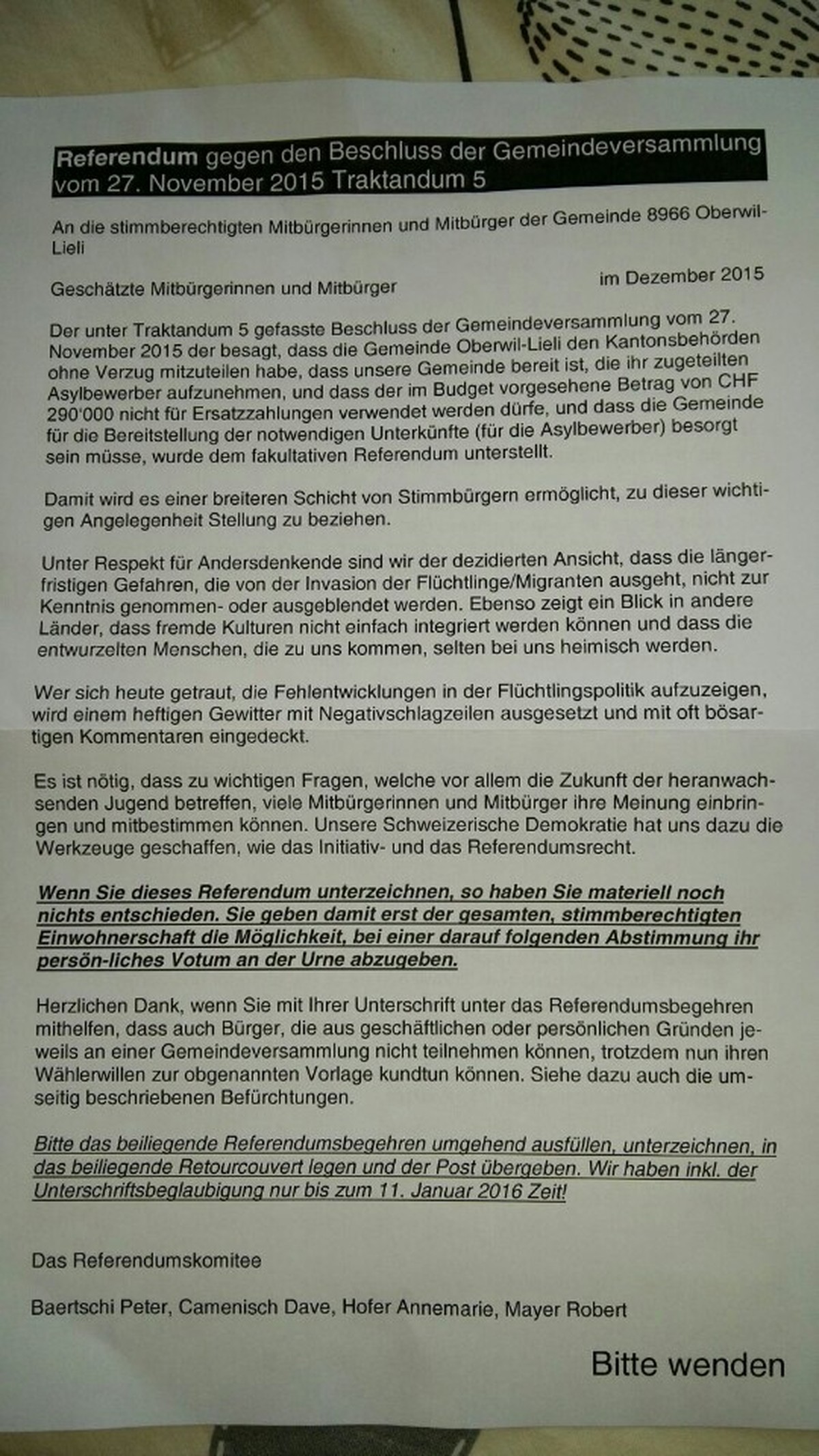 Der Aufruf, das Referendum zu unterschreiben.