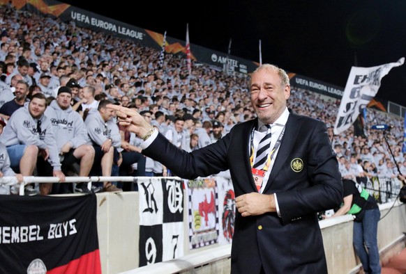 epa07151345 Supporters of Eintracht Frankfurt and president Peter Fischer during the UEFA Europa League Group H soccer match between Apollon Limassol FC and Eintracht Frankfurt at the GSP stadium in N ...