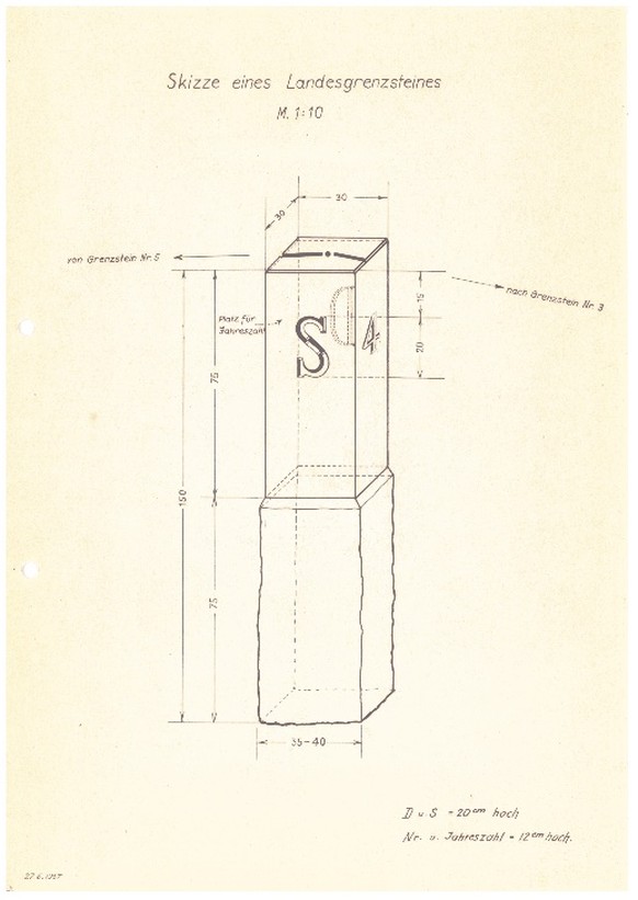 Skizze eines Landesgrenzsteins 1957.