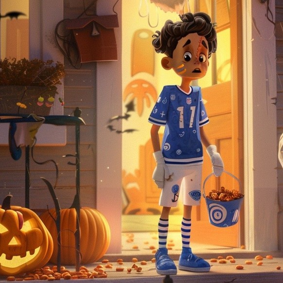Whimsical children’s book illustration of a funny Halloween moment in a cozy Swiss neighborhood at dusk. 
A character representing the Grasshoppers football club stands at a front door dressed as a su ...