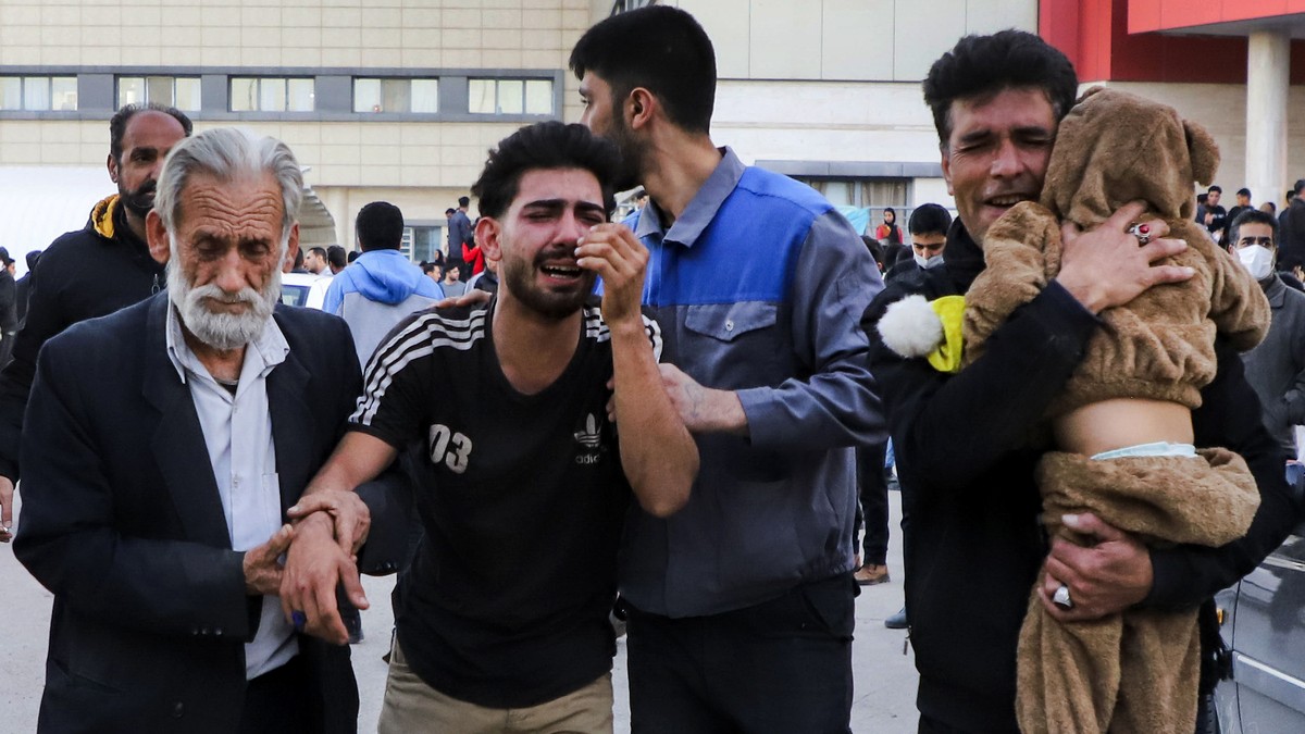 Families of victims of the explosions gather at the courtyard of a hospital in the city of Kerman, about 510 miles (820 kilometres) southeast of the capital Tehran, Iran, Wednesday, Jan. 3, 2024. Two  ...