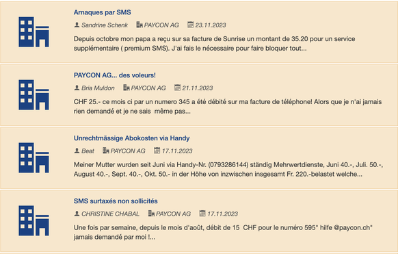 Various complaints from dissatisfied people on the plaintes.ch website