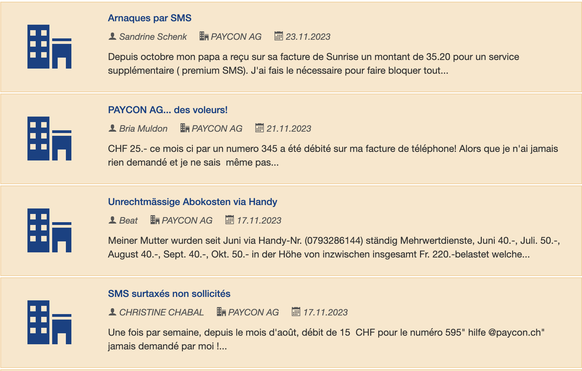 Verschiedene Beschwerden von Unzufriedenen auf der Website plaintes.ch