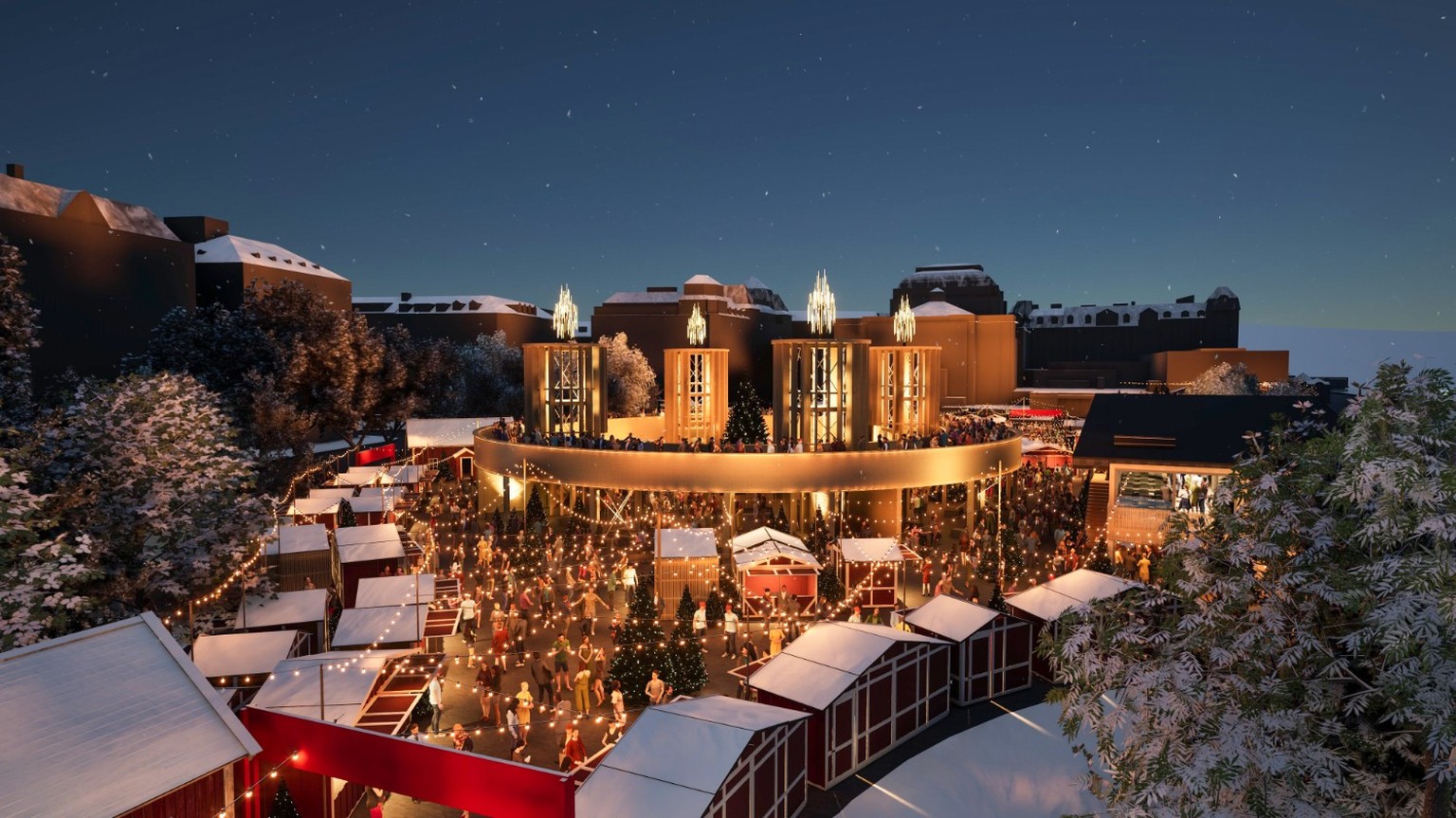 So soll der Weihnachtsmarkt Bellevue Noel auf dem Sechseläutenplatz 2026 aussehen.