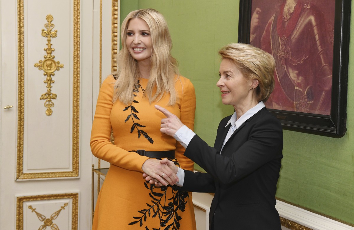 Ivanka Trump, left, daughter of the US President, is greeted by Ursula von der Leyen German Minister of Defense, on the first day of the 55th Munich Security Conference, in Munich, Germany, Friday Feb ...