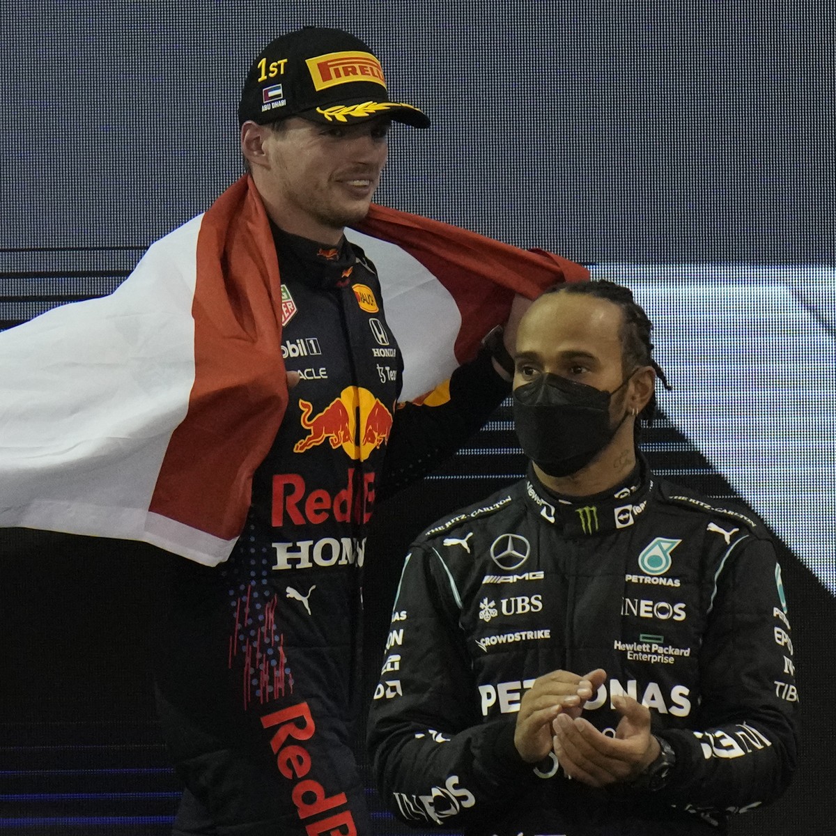 Red Bull driver Max Verstappen of the Netherlands celebrates after he became the world champion after winning the Formula One Abu Dhabi Grand Prix in Abu Dhabi, United Arab Emirates, Sunday, Dec. 12,  ...