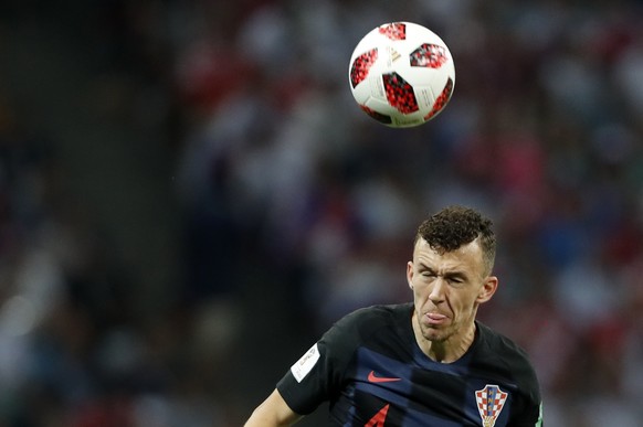 Croatia&#039;s Ivan Perisic jumps for the ball during the quarterfinal match between Russia and Croatia at the 2018 soccer World Cup in the Fisht Stadium, in Sochi, Russia, Saturday, July 7, 2018. (AP ...