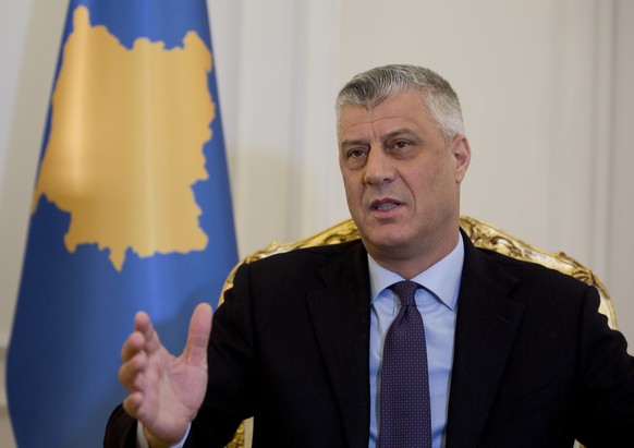 FILE - In this Wednesday Feb. 14, 2018 file photo, Kosovo President Hashim Thaci speaks during an interview with The Associated Press on in Kosovo capital Pristina. The president of Kosovo has rejecte ...
