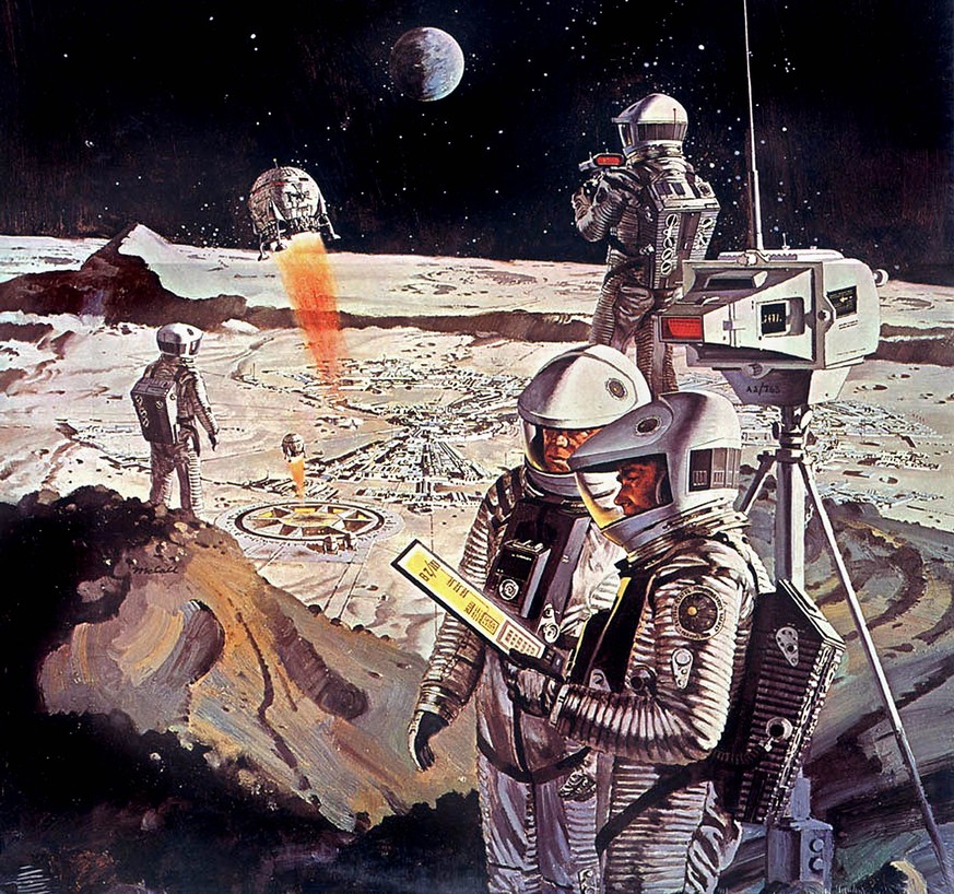 '2001 Lunar Surface' by Robert McCall, concept work for' 2001: A Space Odyssey' directed by Stanley Kubrick 1968
https://www.reddit.com/r/RetroFuturism/comments/x6y4n6/2001_lunar_s ...