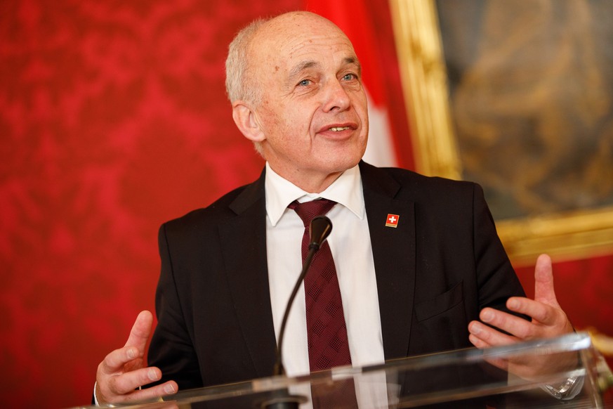 epa07275058 Swiss Federal President Ueli Maurer speaks during a press conference after a meeing with Austrian Federal President Alexander Van der Bellen (not pictured) at the presidential office of th ...