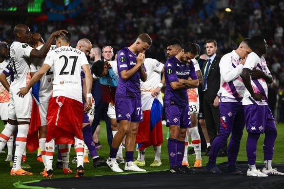 Fiorentina player Antonin Barak centre sadly walks off the pitch as his team was defeated in the European Conference League final match: ACF Fiorentina vs West Ham United FC, on June 7, 2023, in Pragu ...