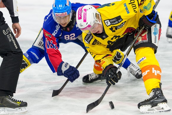 EHC Kloten Stuermer Robert Leino gegen SC Bern Stuermer Alain Graf waehrend dem Qualifikationsspiel der Eishockey-Meisterschaft der National League zwischen den Teams EHC Kloten und SC Bern am Freitag ...