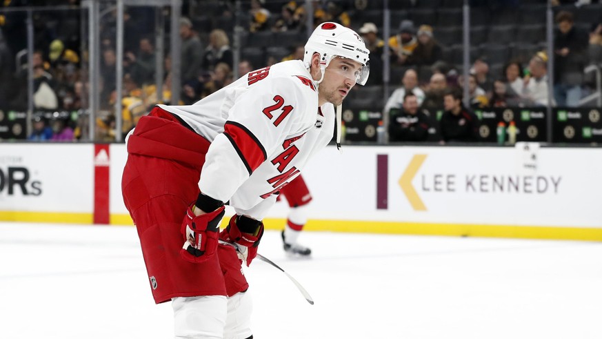 BOSTON, MA - DECEMBER 03: Carolina Hurricanes left wing Nino Niederreiter 21 in warm up before a game between the Boston Bruins and the Carolina Hurricanes on December 3, 2019, at TD garden in Boston, ...