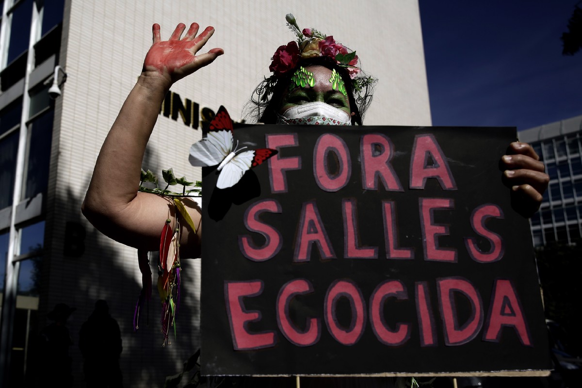 An activist holds a carries poster with a message that reads in Portuguese: "Out Salles Ecocida" directed at the Environment Minister Ricardo Salles, during a protest against the government& ...