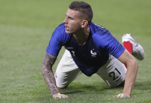 France&#039;s Lucas Hernandez reacts during a friendly soccer match between France and USA at the Groupama stadium in Decines, near Lyon, central France, Saturday, June 9, 2018. (AP Photo/Laurent Cipr ...