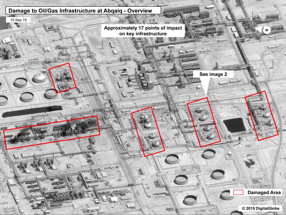 epa07846917 A satellite photo made available by the US Government and DigitalGlobe shows the Abqaiq oil field in eastern Saudia Arabia, 15 September 2019 (issued 16 September 2019). According to Saudi ...