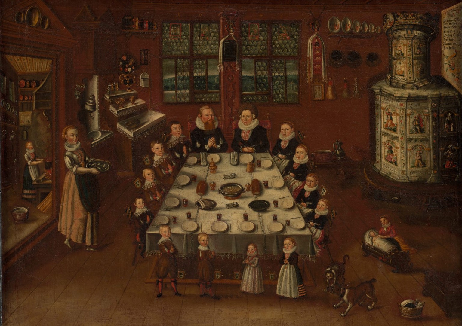 Im 17. Jahrhundert sah Tischzucht so aus. Das Bild von Johann Jakob Sulzer zeigt Conrad Bodmer, Landvogt zu Greifensee, und seine Familie bei Tisch. Es wurde 1643 gemalt.