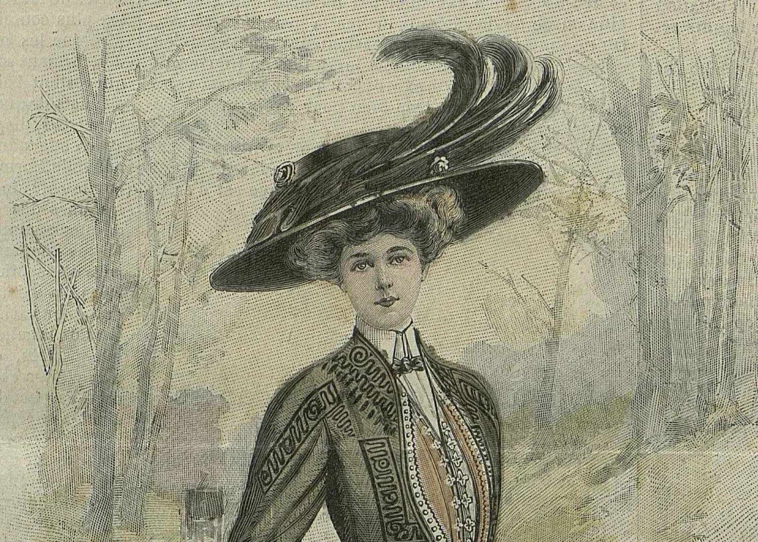 Frau mit grossem, dekoriertem Hut im Modemagazin La Mode illustrée vom 15 November 1908.
https://bibliotheques-specialisees.paris.fr/ark:/73873/pf0000553549/1908/n46/v0001.simple.selectedTab=record