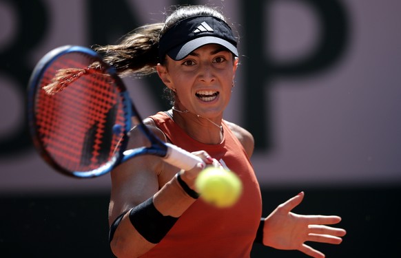 epa10661997 Elina Avanesyan of Russia plays Belinda Bencic of Switzerland in their Women&#039;s Singles first round match during the French Open Grand Slam tennis tournament at Roland Garros in Paris, ...