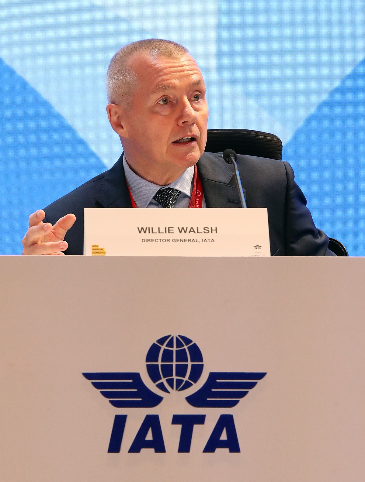 epa12150669 International Air Transport Association (IATA) Director General Willie Walsh speaks at a press conference during the IATA annual general meeting and World Air Transport Summit (WATS) in Ne ...