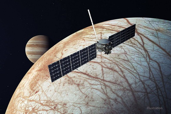 THIS PHOTO SHOWS: This illustration, updated in December 2020, shows NASA's Europa Clipper spacecraft.  The mission, aiming for a 2024 launch, will investigate whether Jupiter's moon Europa and its ...