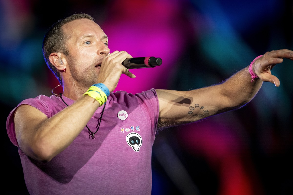 British singer Chris Martin of British band Coldplay performs at Parken Stadium in Copenhagen, Denmark, Wednesday July 5, 2023. The concert is part of the Music of the Spheres World Tour. (Mads Claus  ...