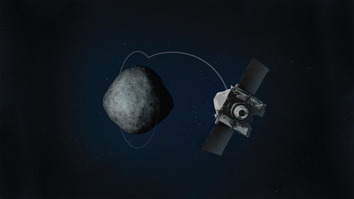 Artist's concept of OSIRIS-REx entering orbit at asteroid Bennu.