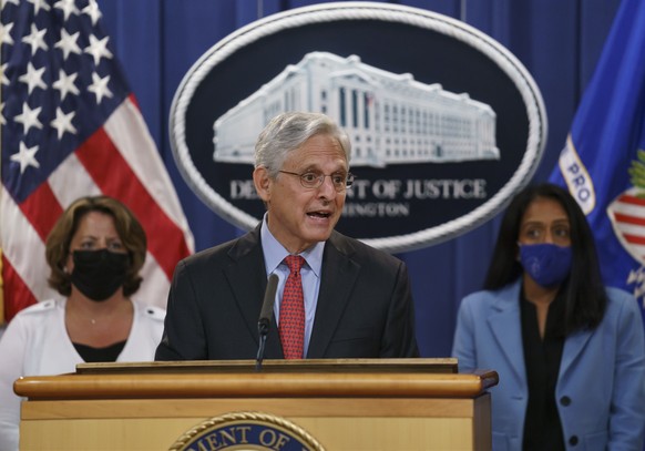 Attorney General Merrick Garland announces a lawsuit to block the enforcement of a new Texas law that bans most abortions, at the Justice Department in Washington, Thursday, Sept. 9, 2021. (AP Photo/J ...