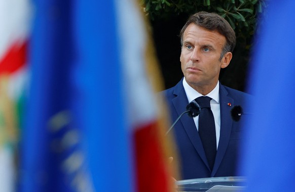 epa10129456 French President Emmanuel Macron delivers a speech during a ceremony marking the 78th anniversary of the Allied landings in Provence during World War II which helped liberate southern Fran ...