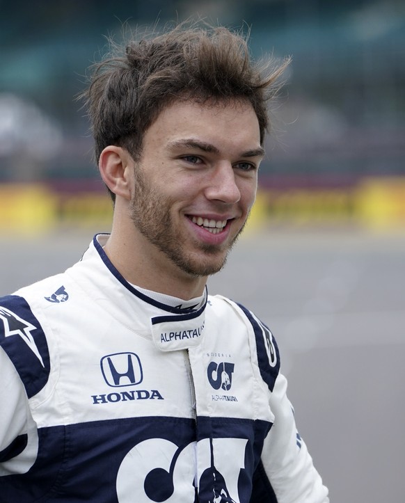 Alpha Tauri driver Pierre Gasly of France smiles during &quot;F1 One Begins&quot; event at the Silverstone circuit, Silverstone, England, Thursday, July 15, 2021. The British Formula One Grand Prix wi ...