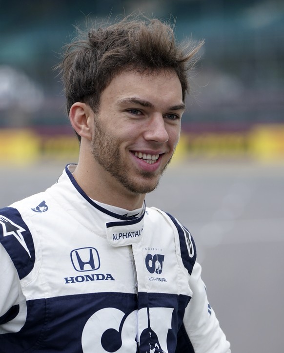 Alpha Tauri driver Pierre Gasly of France smiles during "F1 One Begins" event at the Silverstone circuit, Silverstone, England, Thursday, July 15, 2021. The British Formula One Grand Prix wi ...
