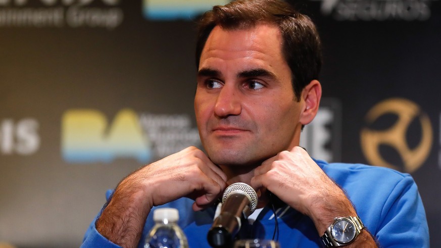 epa08006592 Swiss Roger Federer attends a press conference in Buenos Aires, Argentina, 18 November 2019. Federer will faces German Alexander Zverev in an exhibition game as part of Federer tour of Sou ...
