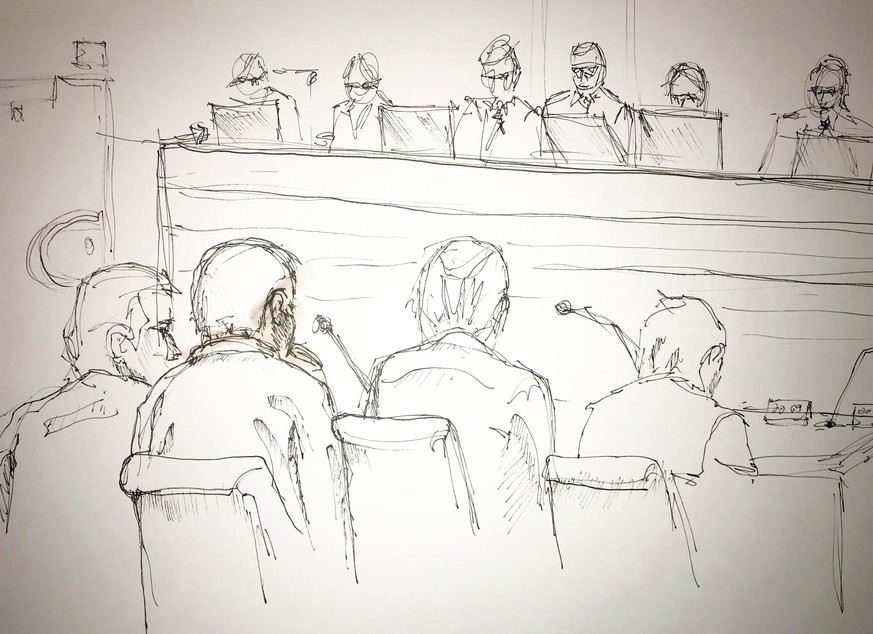 epa06520256 An artist&#039;s impression of the proceedings on the first day of the trial against terror suspect Rakhmat Akilov (front, 2-L), at the district court in Stockholm, Sweden, 13 February 201 ...