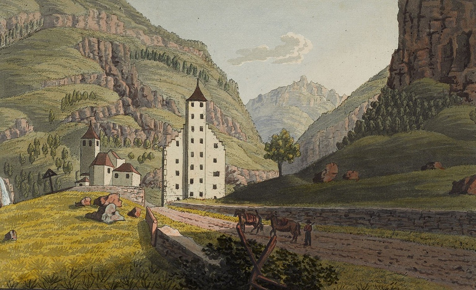 Zeichen der Macht: Der Stockalper-Turm in Gondo auf einer Druckgrafik von 1821.
https://www.helveticarchives.ch/detail.aspx?ID=928822