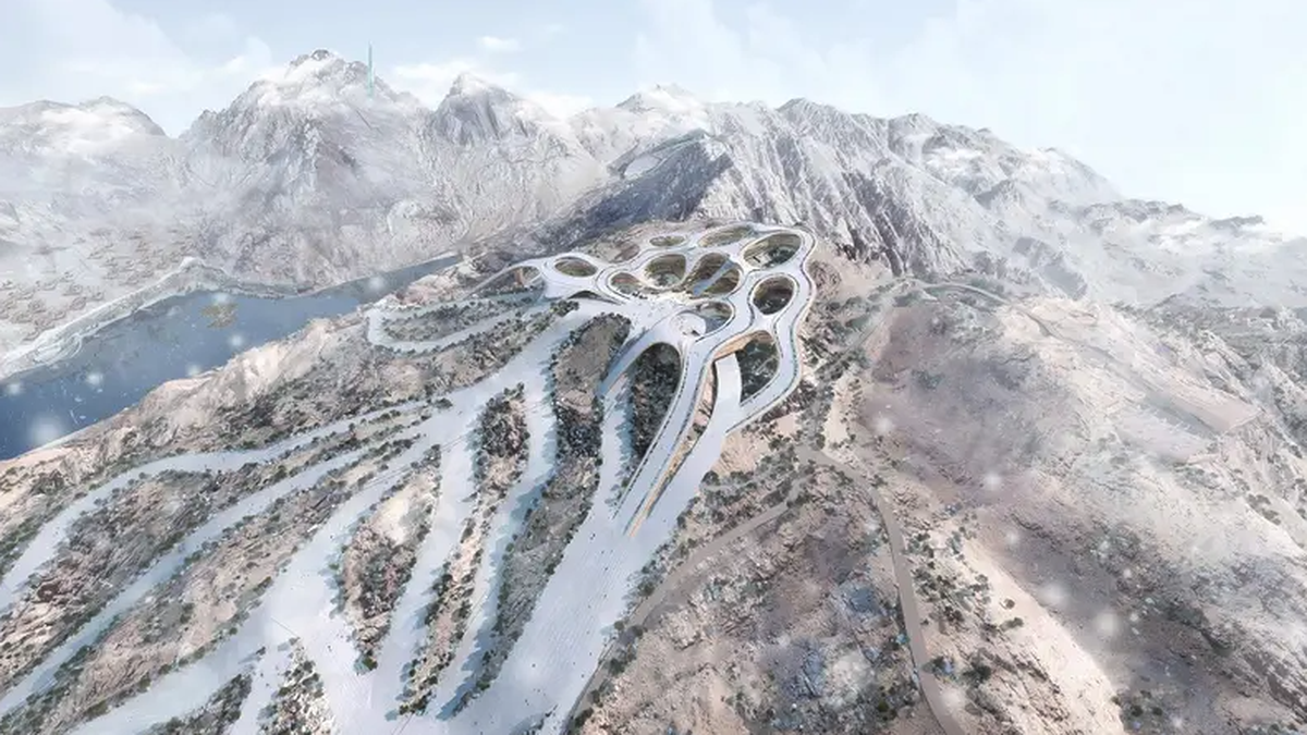 A rendering of Trojena; the first sub-zero snow destination and outdoor ski resort in the Gulf which will be based in Saudi Arabia's NEOM. (Supplied: NEOM)