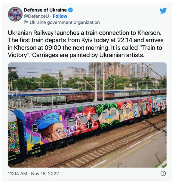 «Die ukrainische Eisenbahn nimmt eine Zugverbindung nach Cherson auf. Der erste Zug fährt heute um 22:14 Uhr in Kiew ab und kommt um 09:00 Uhr am nächsten Morgen in Cherson an. Er trägt den Namen ‹Zug ...