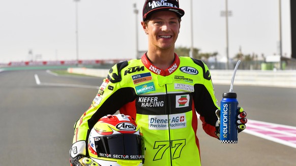 epa06606020 Swiss Moto2 rider Dominique Aegerter of the Kiefer Racing team poses during a photo session of the Motorcycling Grand Prix of Qatar at the Losail International Circuit in Doha, Qatar, 15 M ...