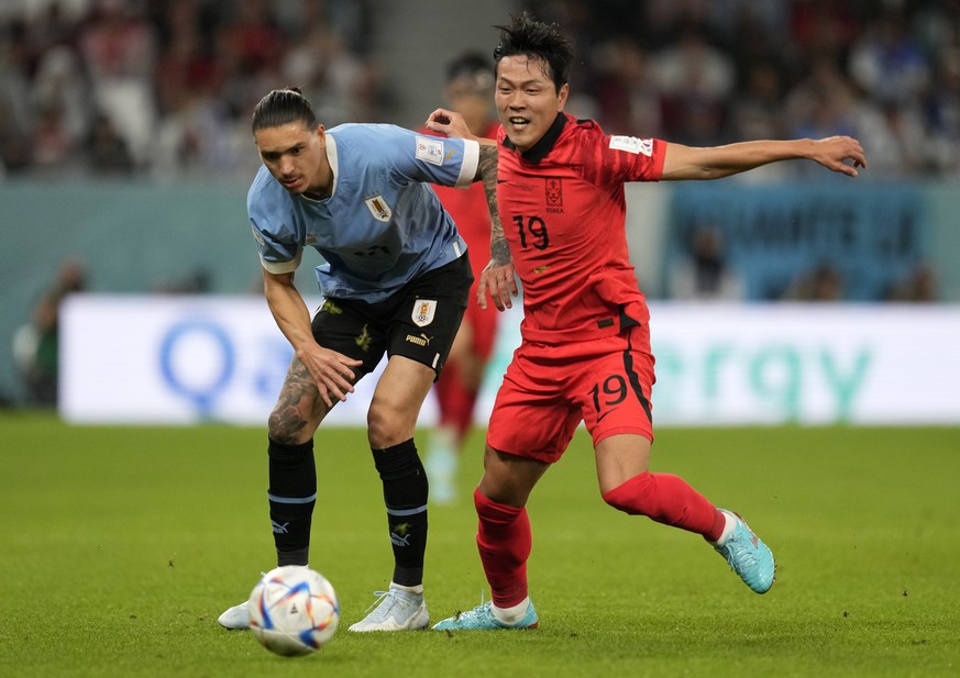 Uruguay's Darwin Nunez, left, duels for the ball with South Korea's Kim Young-gwon during the World Cup group H soccer match between Uruguay and South Korea, at the Education City Stadium in Al Rayyan ...