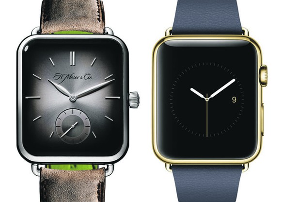 Das Original und der Schweizer Klon: Die Apple-Watch (rechts)&nbsp;und die Moser-Uhr.