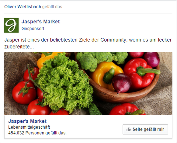 Werbung auf Facebook mit der Überschrift «Oliver Wietlisbach gefällt das».&nbsp;Sind die Werbeanzeigen in den <a href="https://www.facebook.com/settings?tab=ads&amp;view" target="_blank">Facebook-Einstellungen</a> aktiviert, erhalten Freunde Werbung angezeigt, basierend auf Produkten, die man geliked hat.<br data-editable="remove">